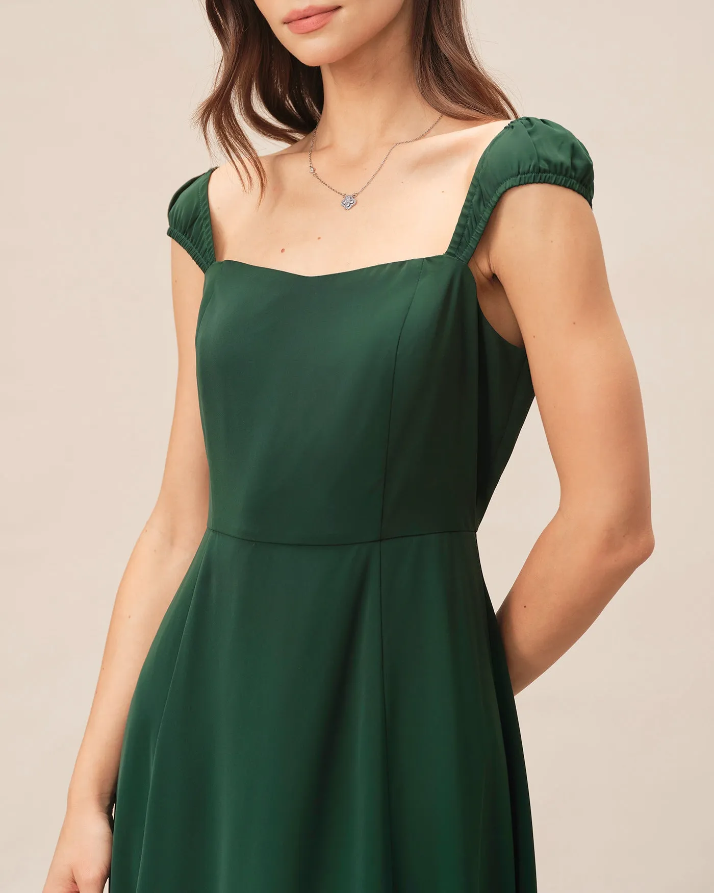 Green Square Neck Cap Sleeve Midi Dress sold by rihoas product image thumbnail 2