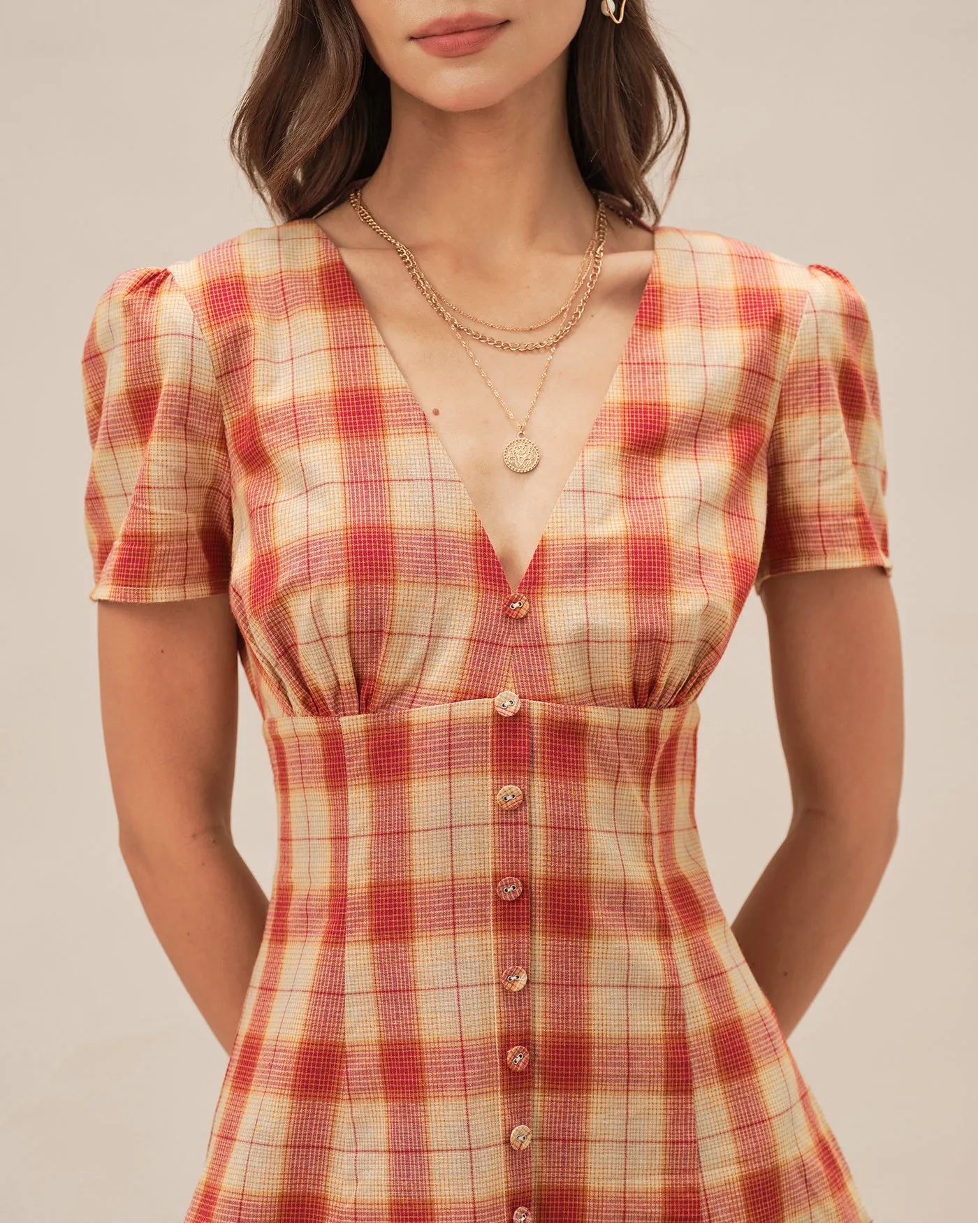 Red Plaid V Neck Mini Dress sold by rihoas product image thumbnail 2