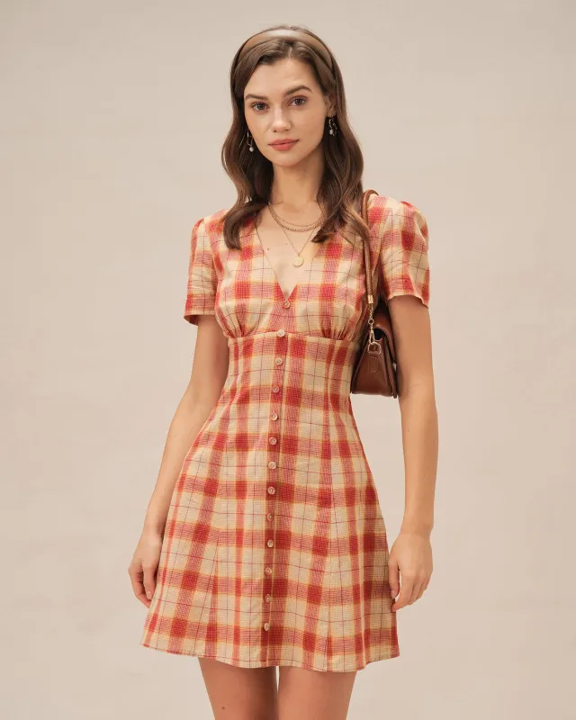 Red Plaid V Neck Mini Dress sold by rihoas