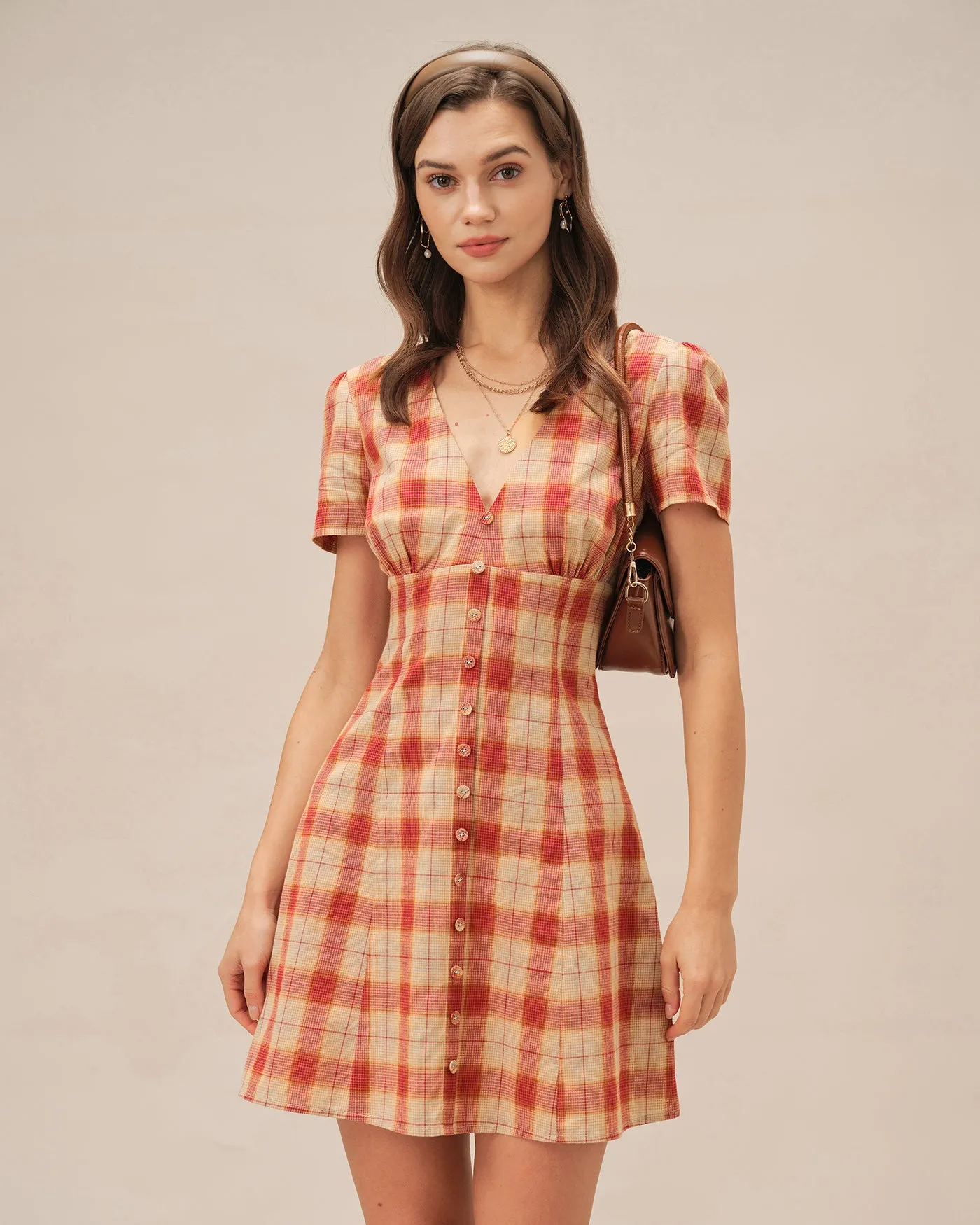 Red Plaid V Neck Mini Dress sold by rihoas