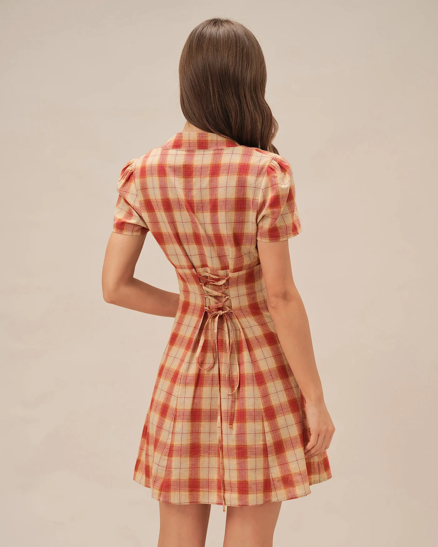 Red Plaid V Neck Mini Dress sold by rihoas product image thumbnail 4