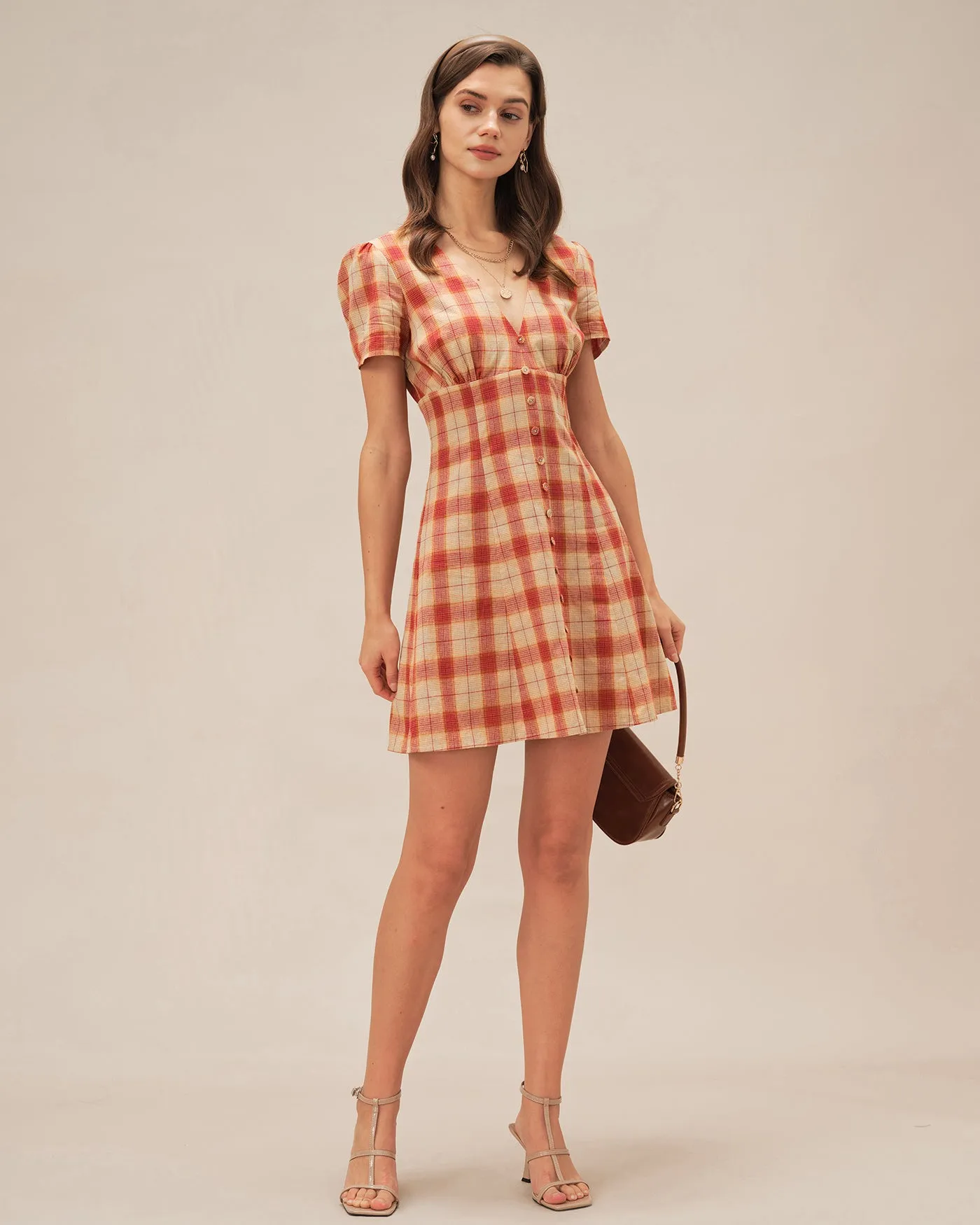 Red Plaid V Neck Mini Dress sold by rihoas product image thumbnail 5