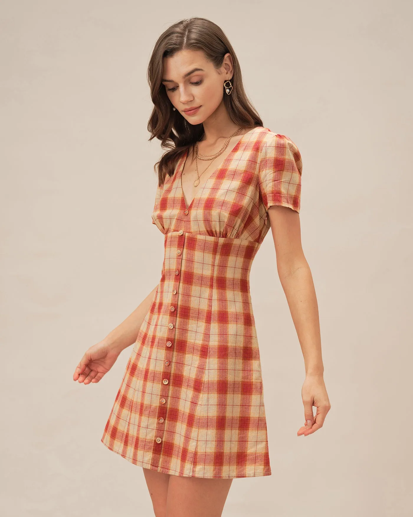 Red Plaid V Neck Mini Dress sold by rihoas product image thumbnail 3