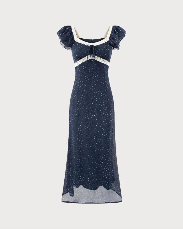 Blue Square Neck Polka Dot Midi Dress sold by rihoas
