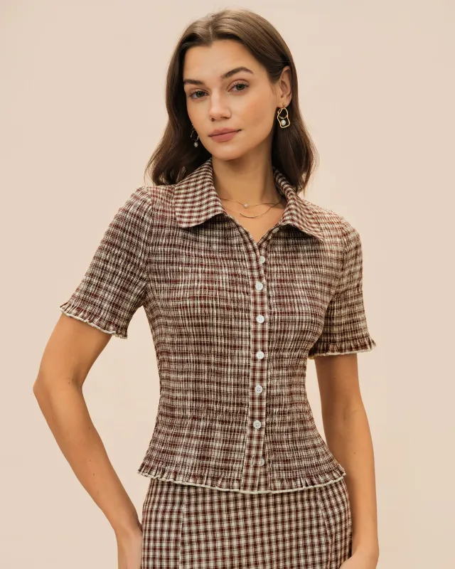 Brown Plaid Button Collar Blouse sold by rihoas