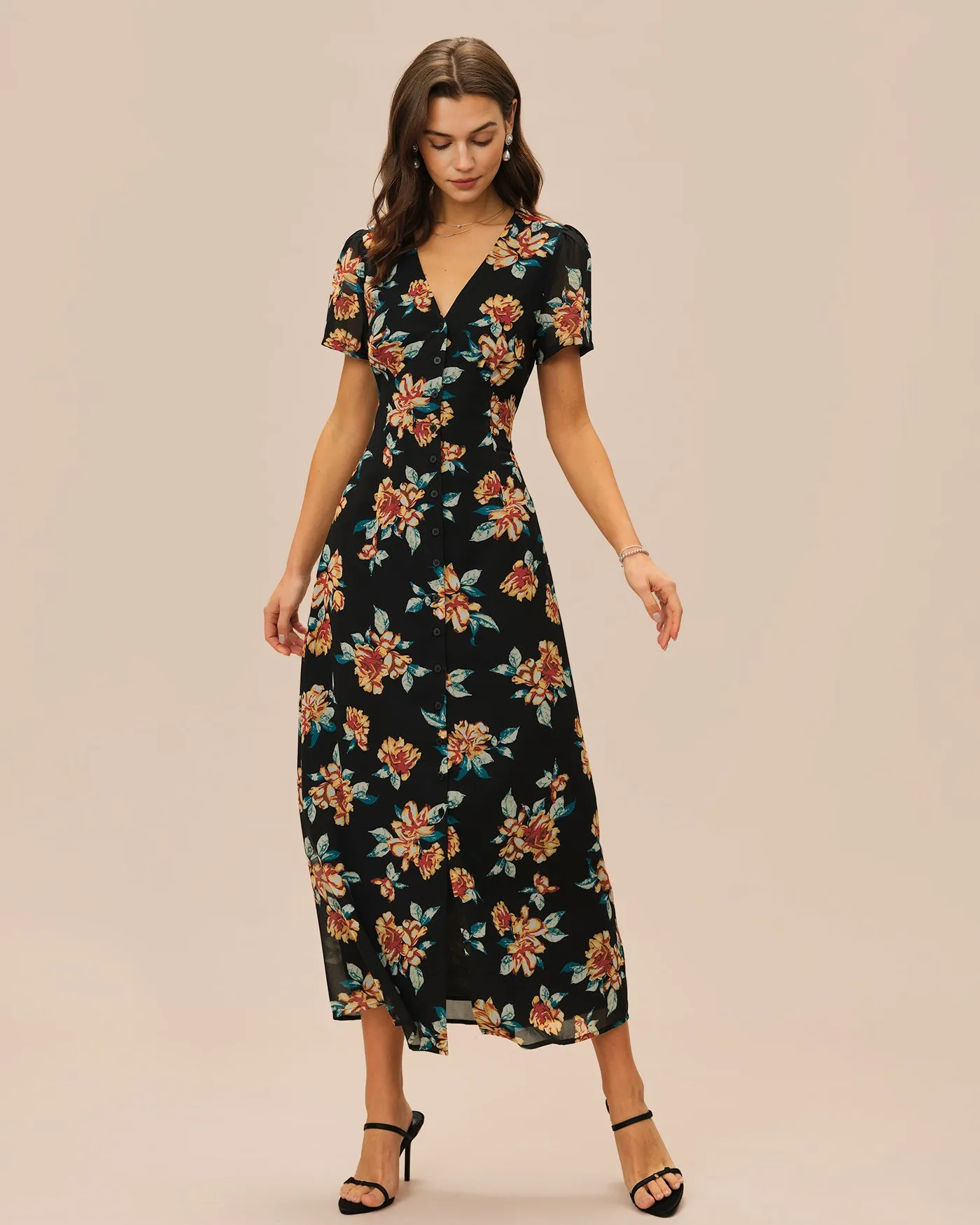 Black V Neck Floral Button Maxi Dress sold by rihoas product image thumbnail 4