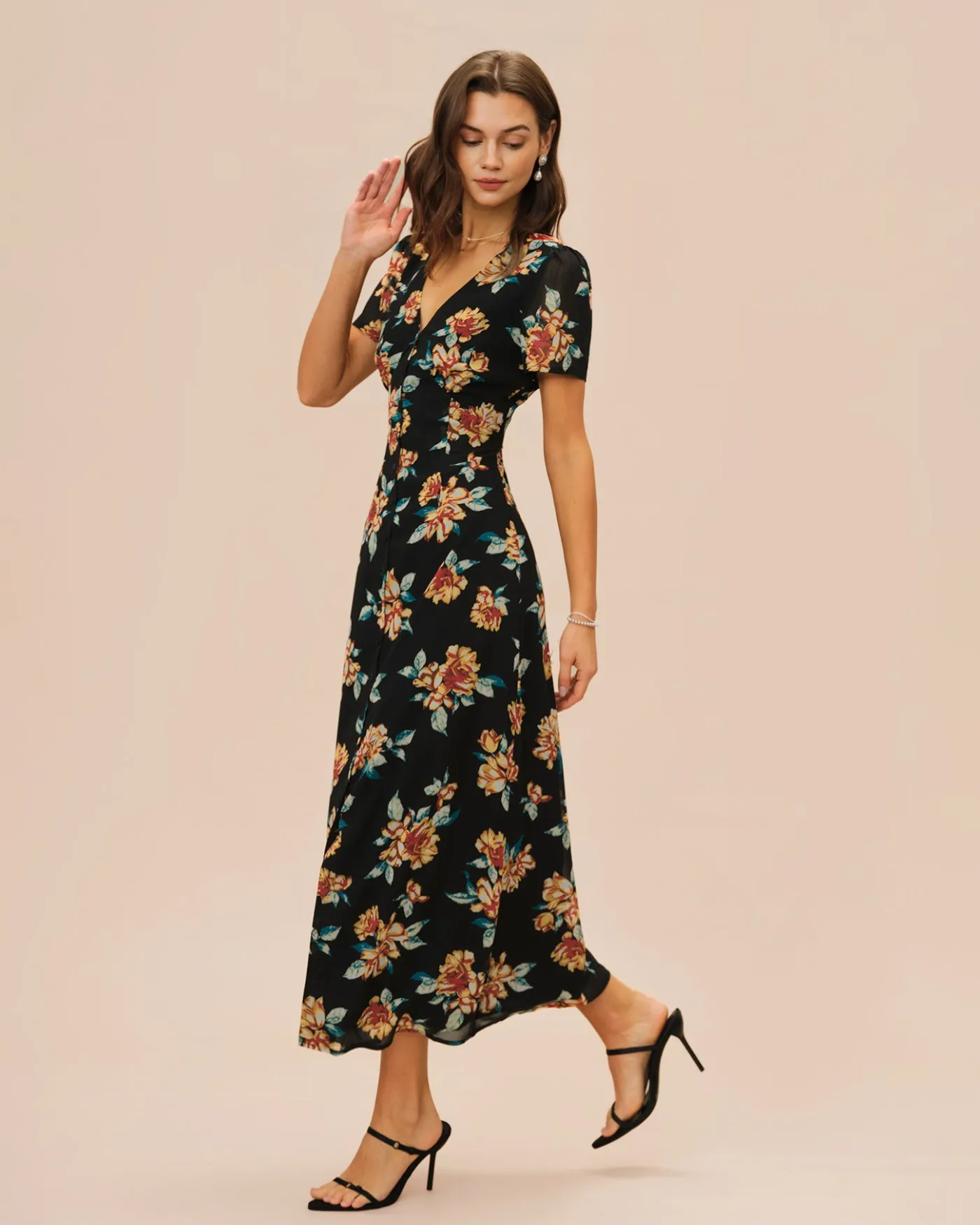 Black V Neck Floral Button Maxi Dress sold by rihoas product image thumbnail 5