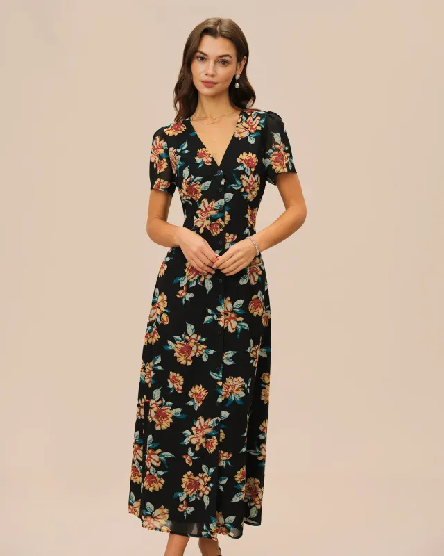 Black V Neck Floral Button Maxi Dress sold by rihoas
