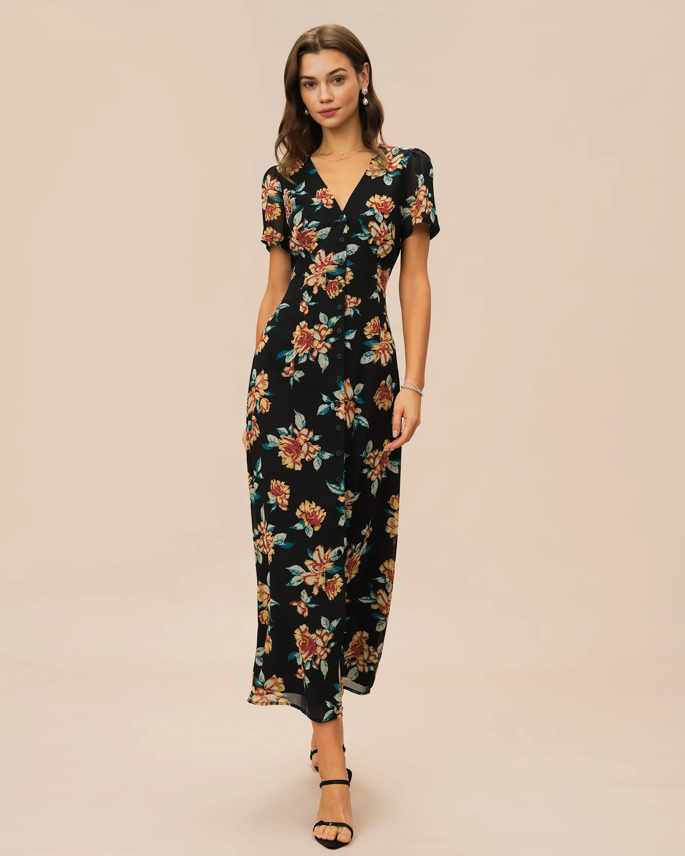 Black V Neck Floral Button Maxi Dress sold by rihoas product image thumbnail 3