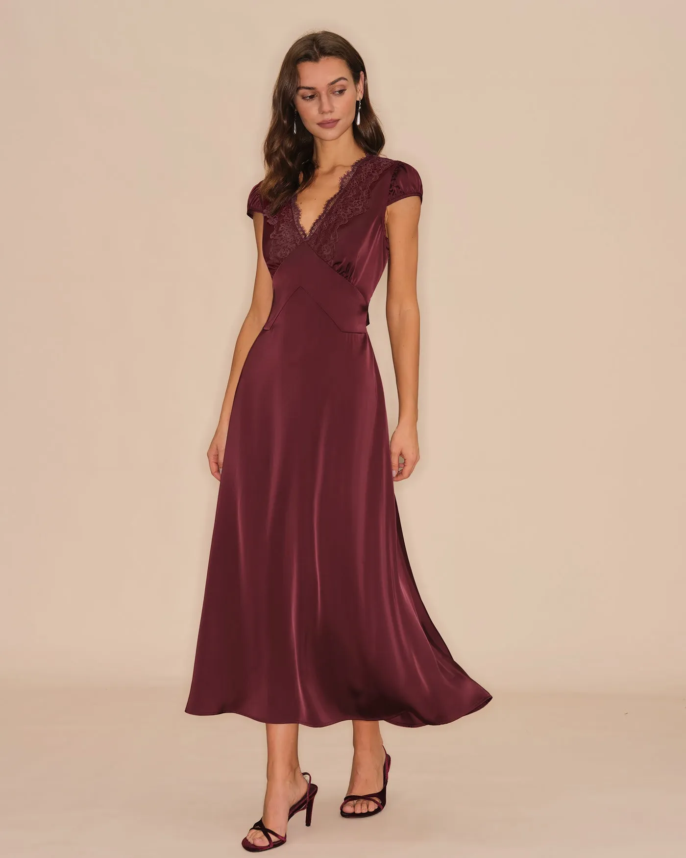 Wine Red V Neck Lace Maxi Dress sold by rihoas product image thumbnail 4