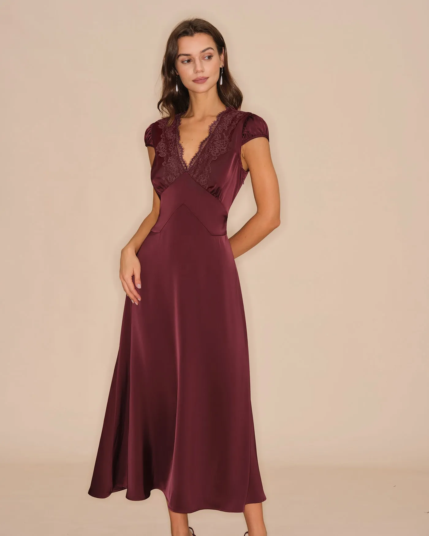 Wine Red V Neck Lace Maxi Dress sold by rihoas