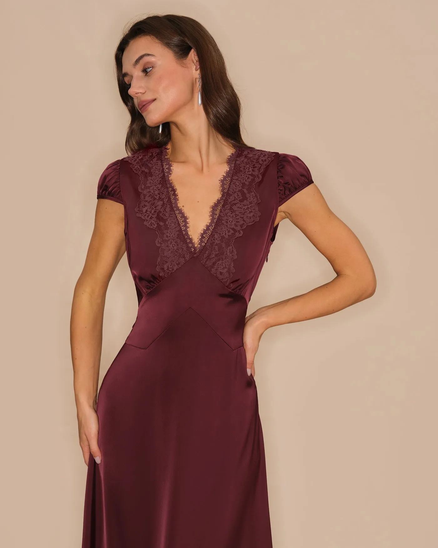 Wine Red V Neck Lace Maxi Dress sold by rihoas product image thumbnail 2
