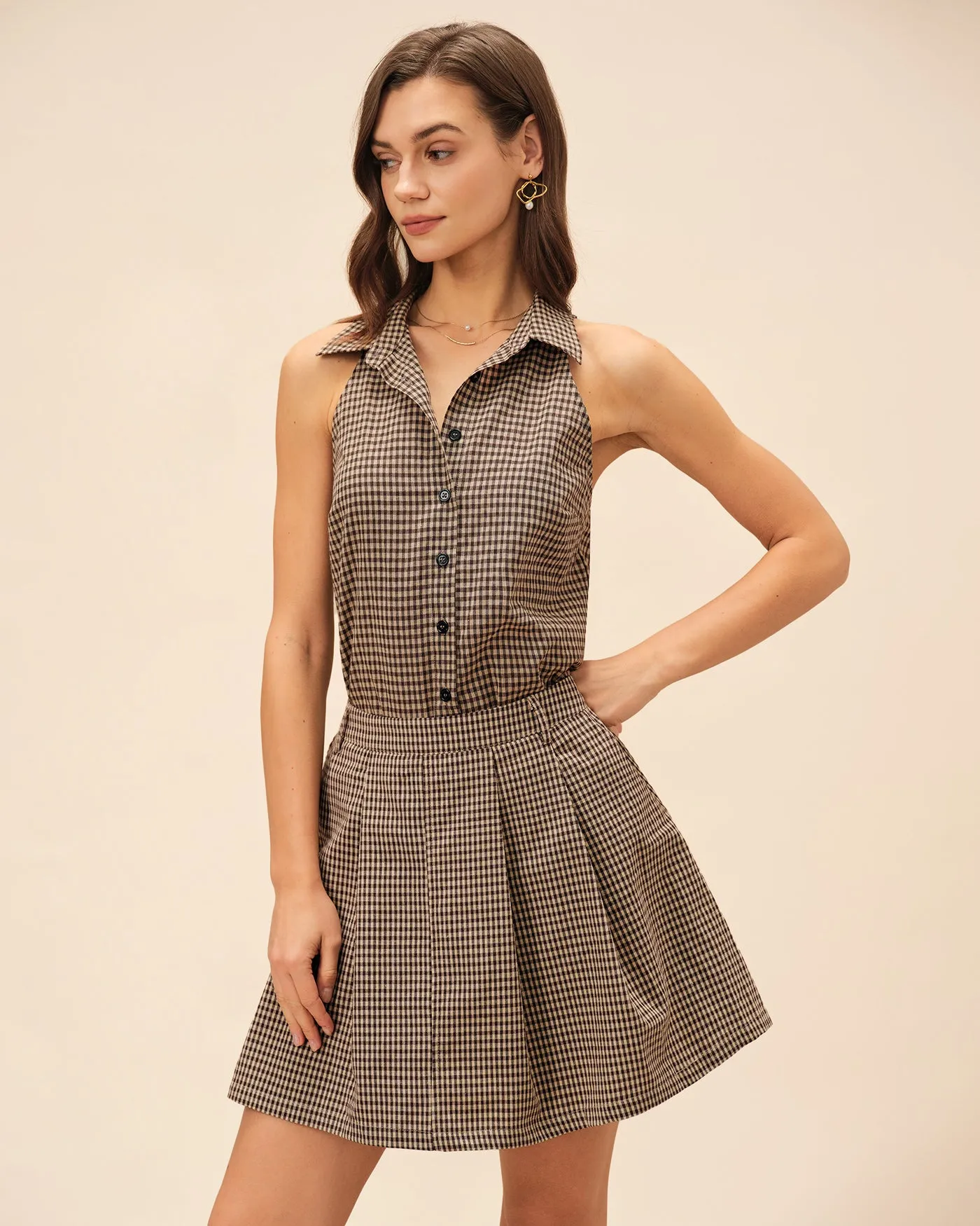 Brown Plaid Ruched Skirt sold by rihoas product image thumbnail 4