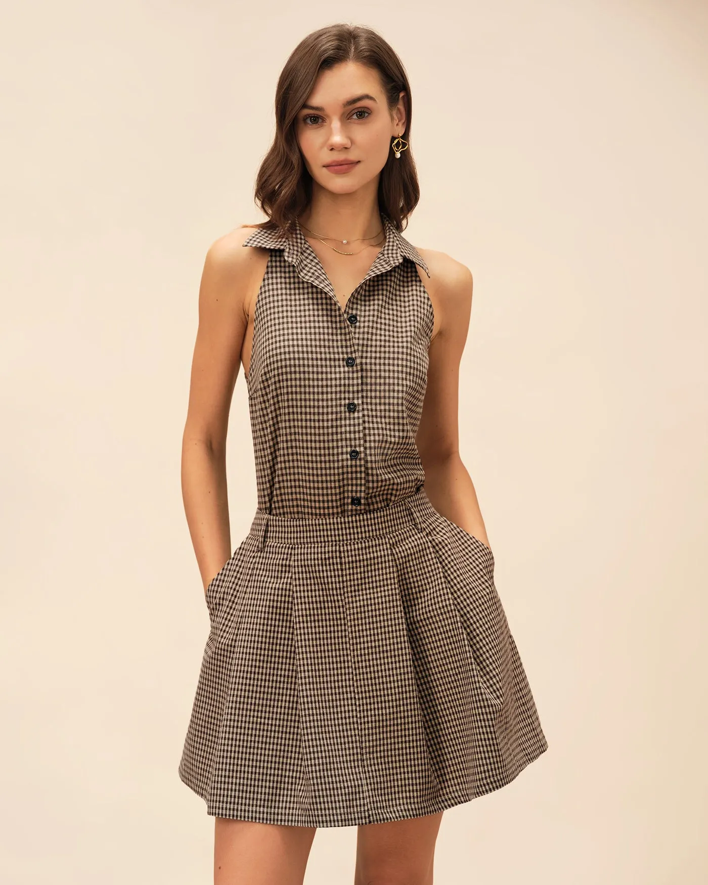 Brown Plaid Ruched Skirt sold by rihoas product image thumbnail 3