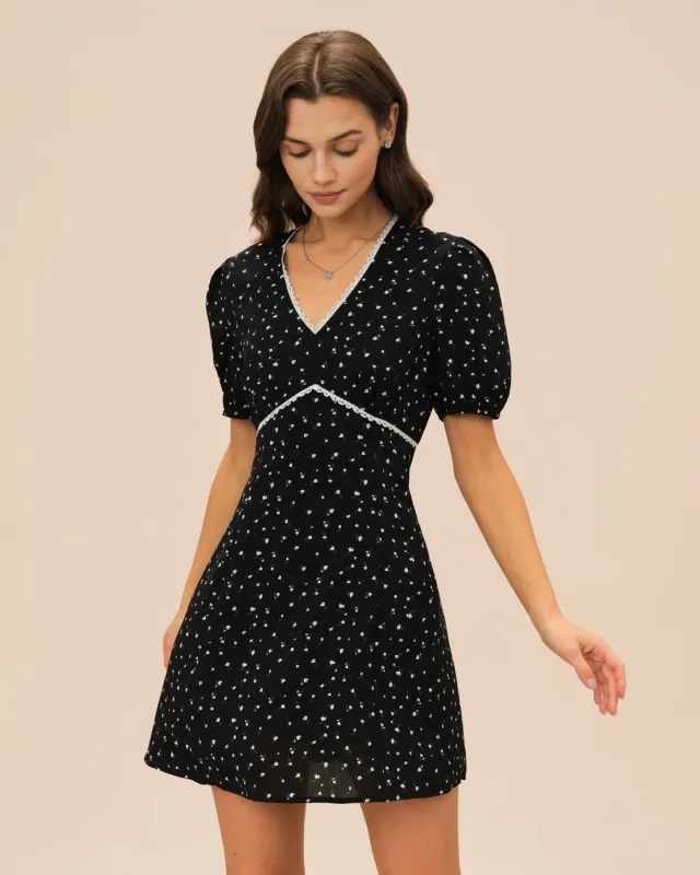 Black V Neck Lace Floral Mini Dress sold by rihoas