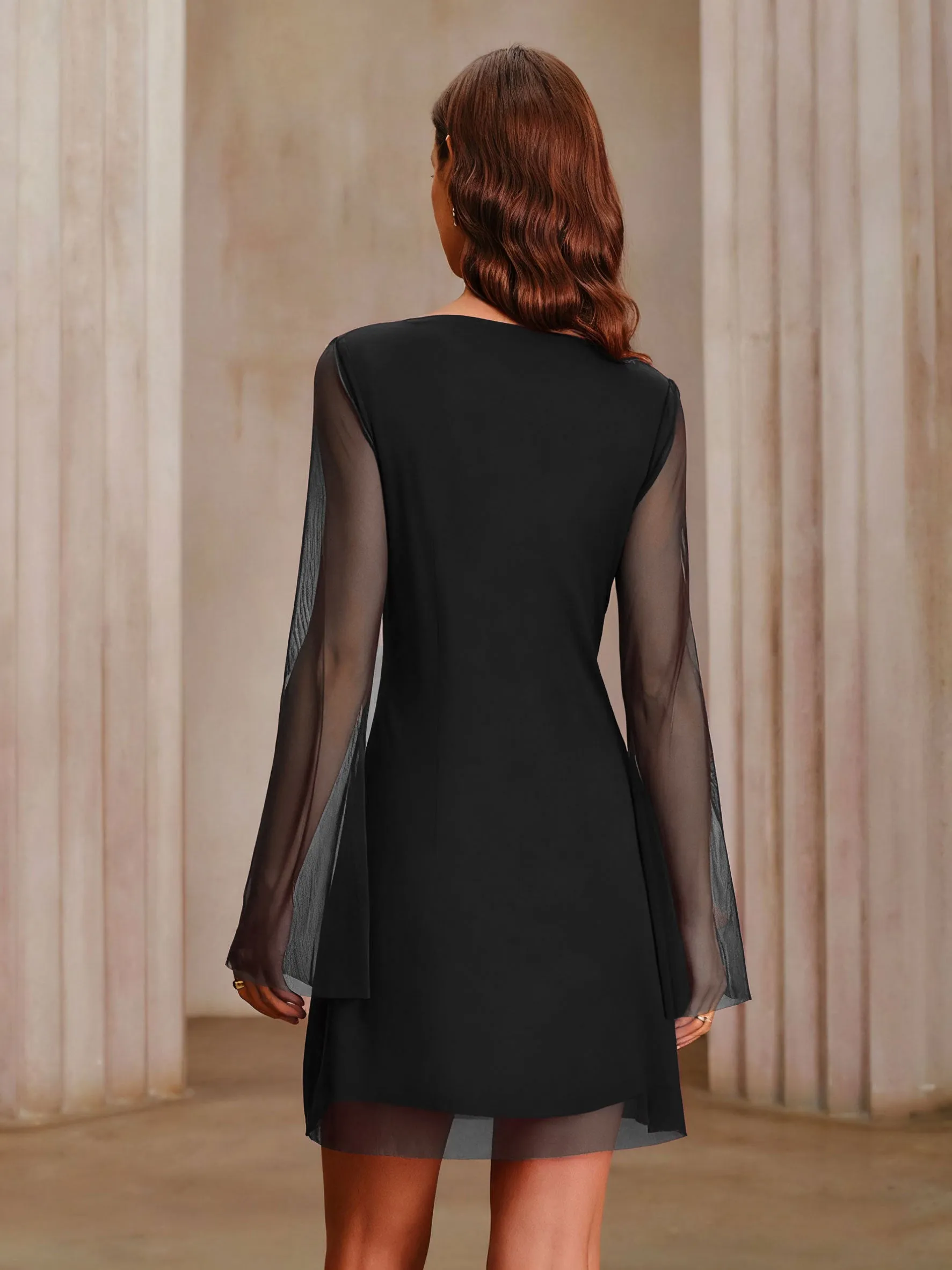 Black Boat Neck Mesh Mini Dress sold by rihoas product image thumbnail 3