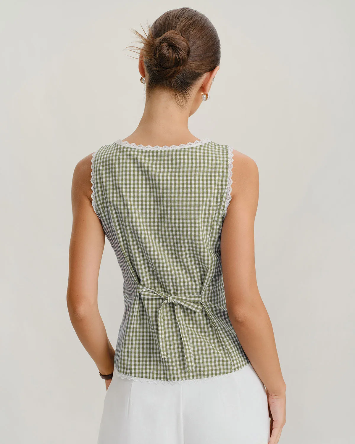 Light Green Boat Neck Plaid Tank Top sold by rihoas product image thumbnail 4