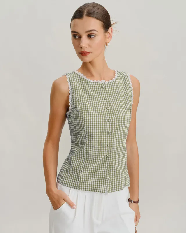 Light Green Boat Neck Plaid Tank Top sold by rihoas