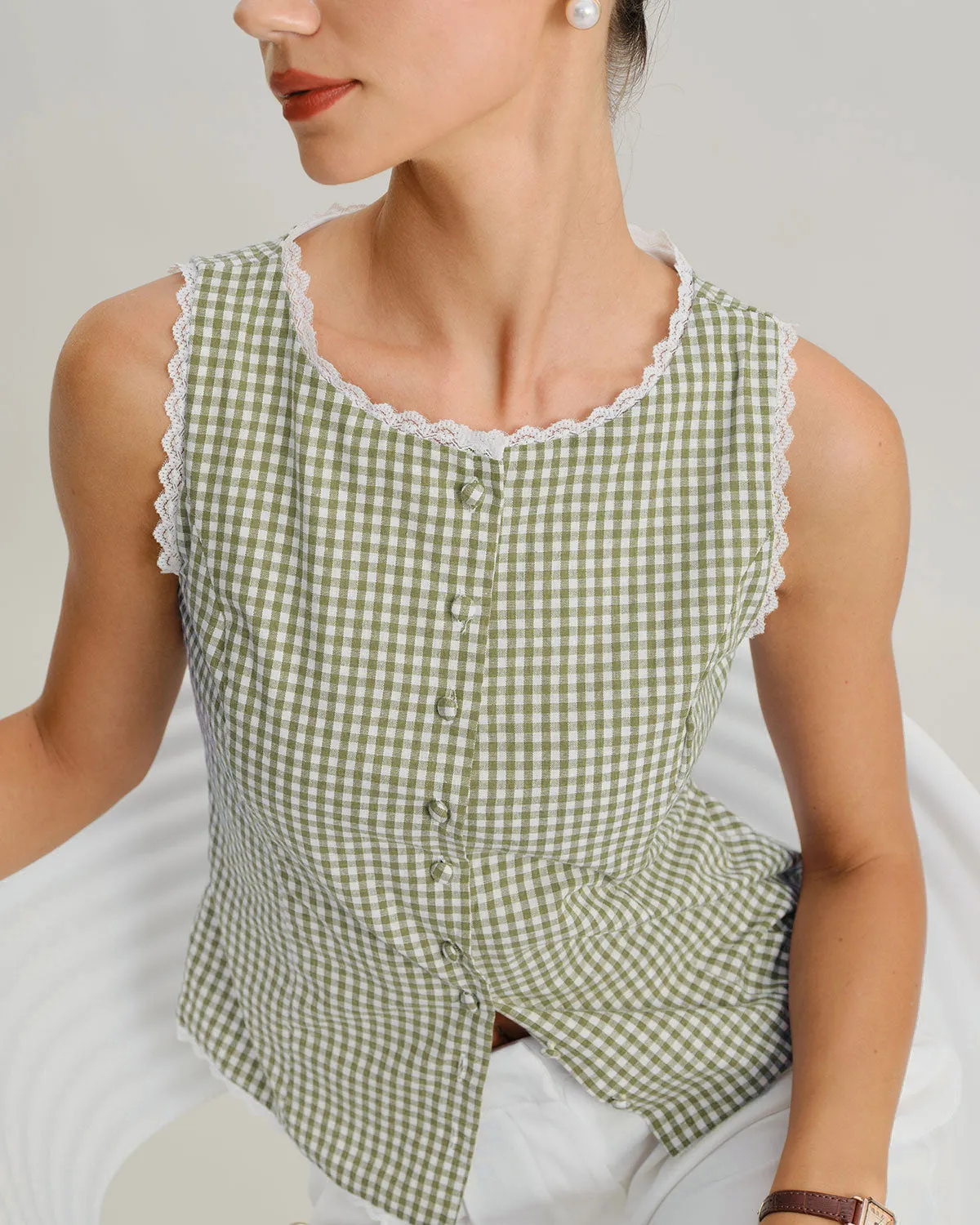 Light Green Boat Neck Plaid Tank Top sold by rihoas product image thumbnail 2