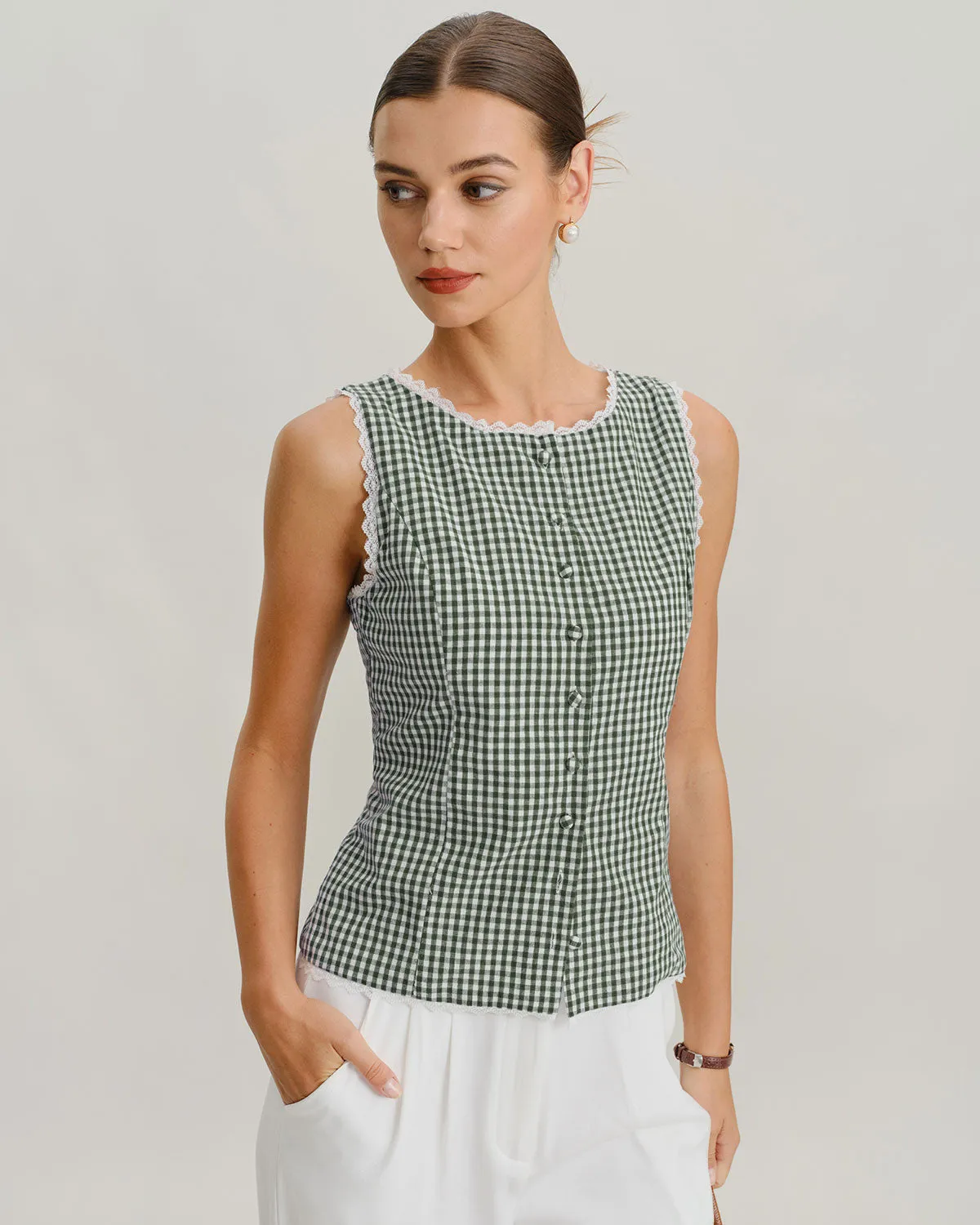 Green Boat Neck Plaid Tank Top sold by rihoas product image thumbnail 3