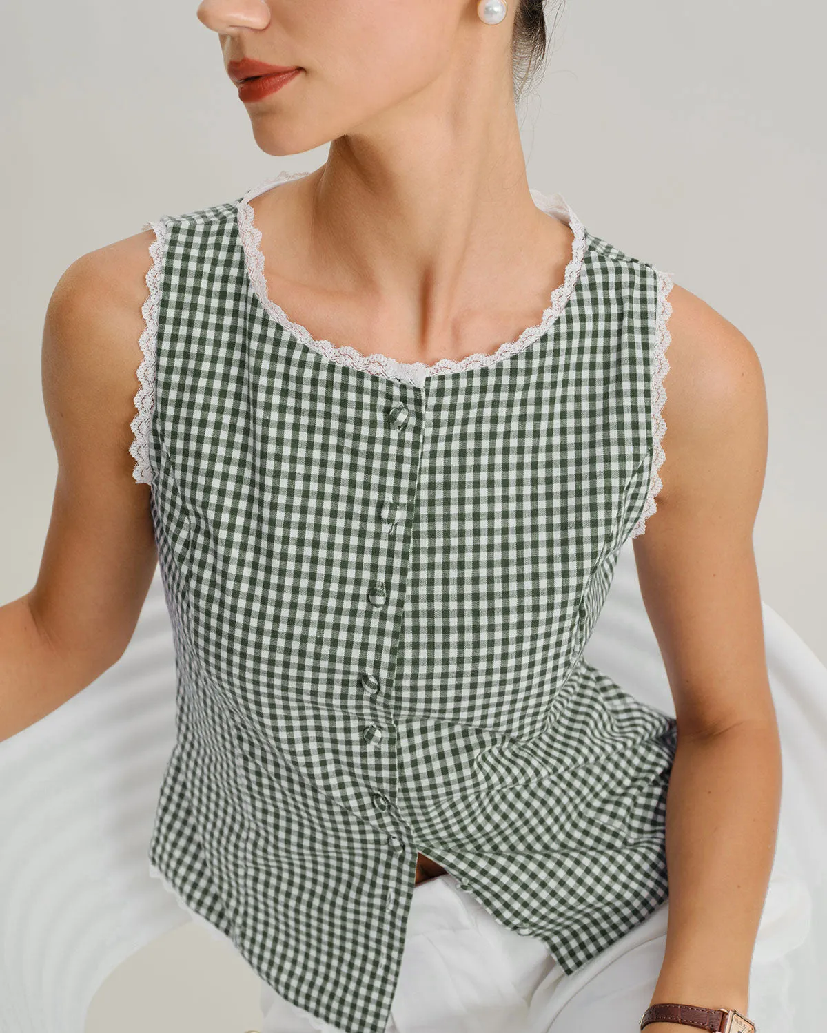 Green Boat Neck Plaid Tank Top sold by rihoas product image thumbnail 4