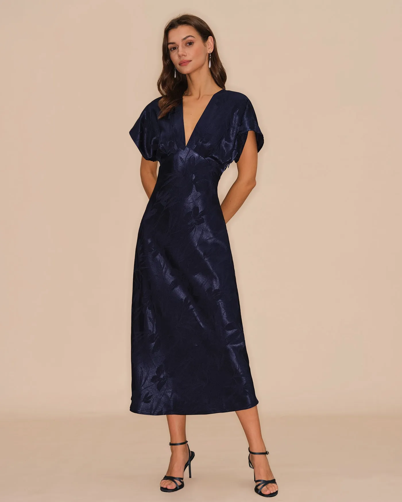Blue V Neck Jacquard Midi Dress sold by rihoas product image thumbnail 3