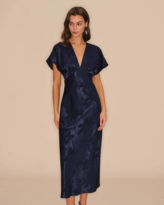 Blue V Neck Jacquard Midi Dress sold by rihoas