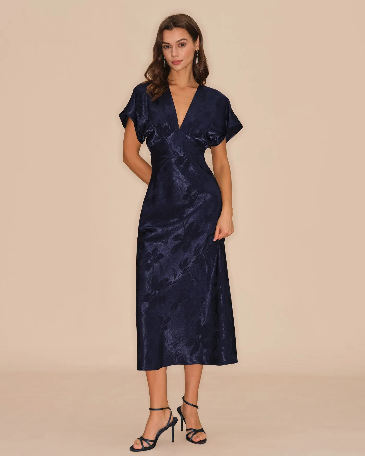 Blue V Neck Jacquard Midi Dress sold by rihoas product image thumbnail 2