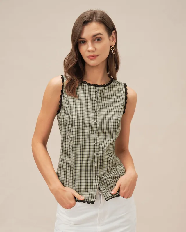 Apricot Boat Neck Plaid Tank Top sold by rihoas