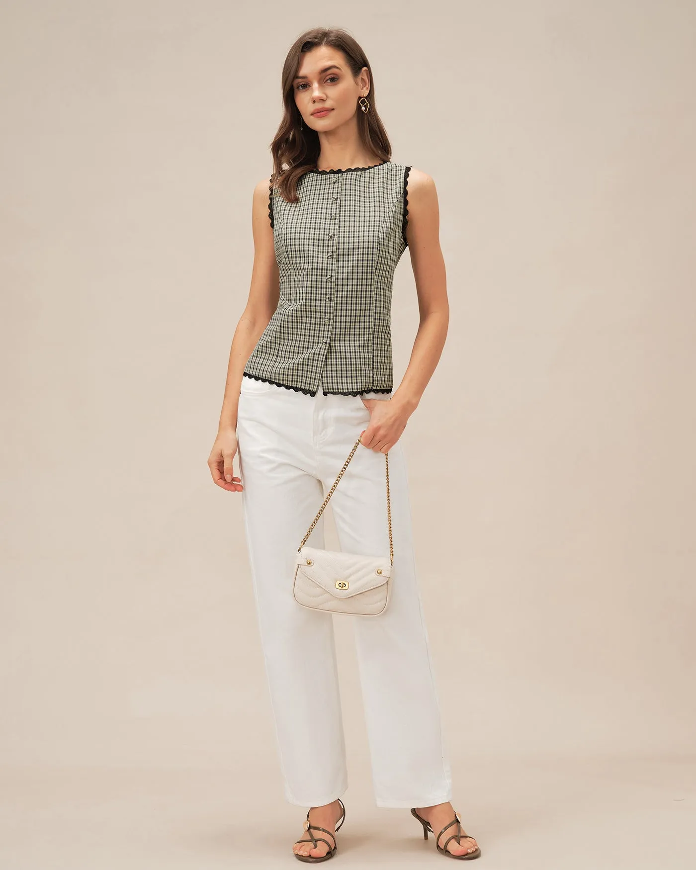 Apricot Boat Neck Plaid Tank Top sold by rihoas product image thumbnail 5