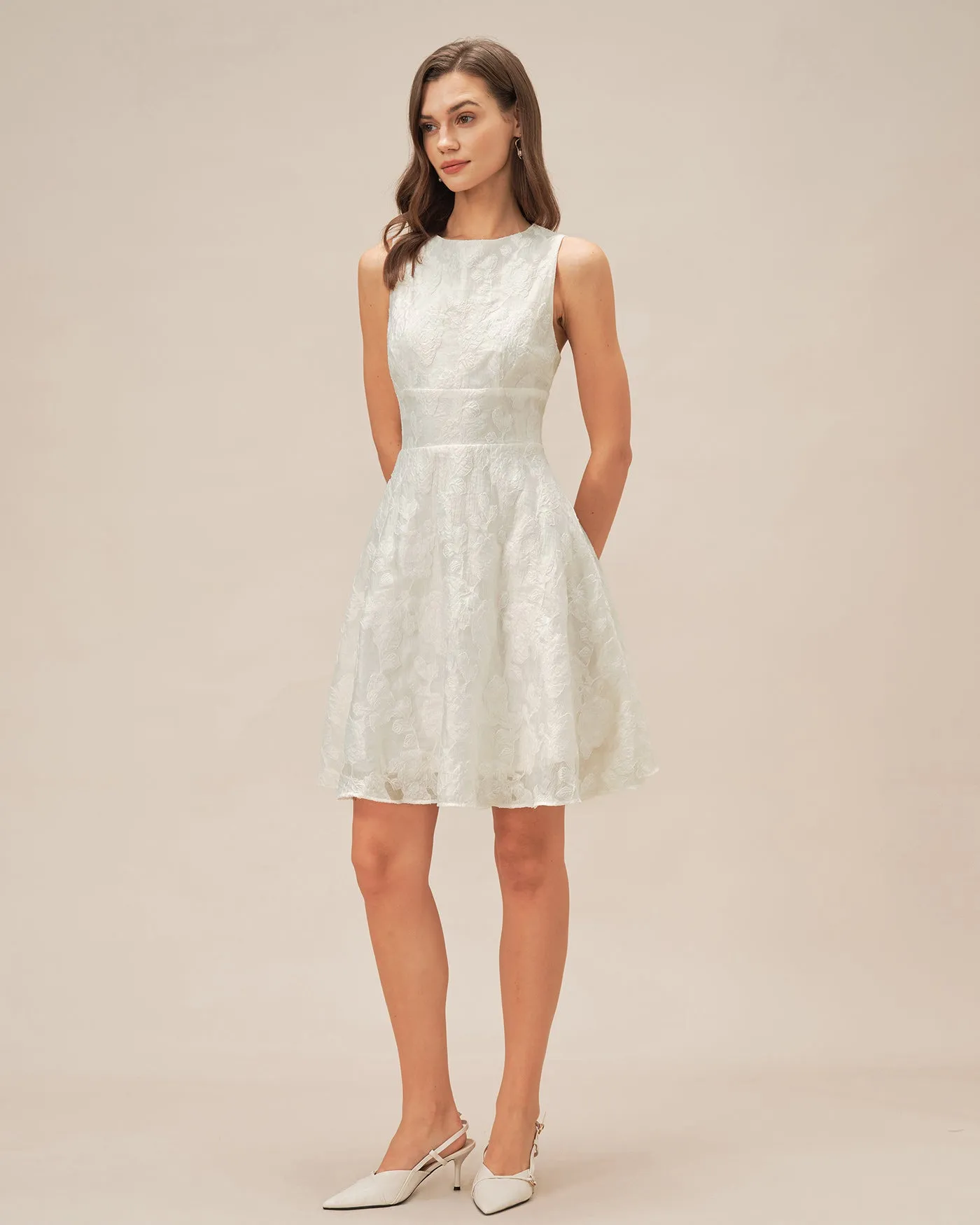 White Round Neck Jacquard Mini Dress sold by rihoas product image thumbnail 5
