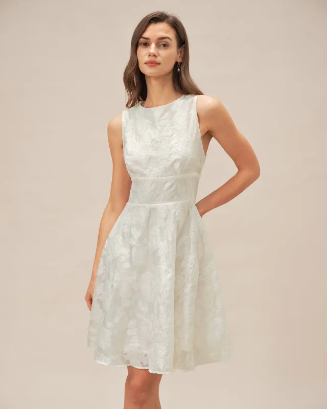 White Round Neck Jacquard Mini Dress sold by rihoas