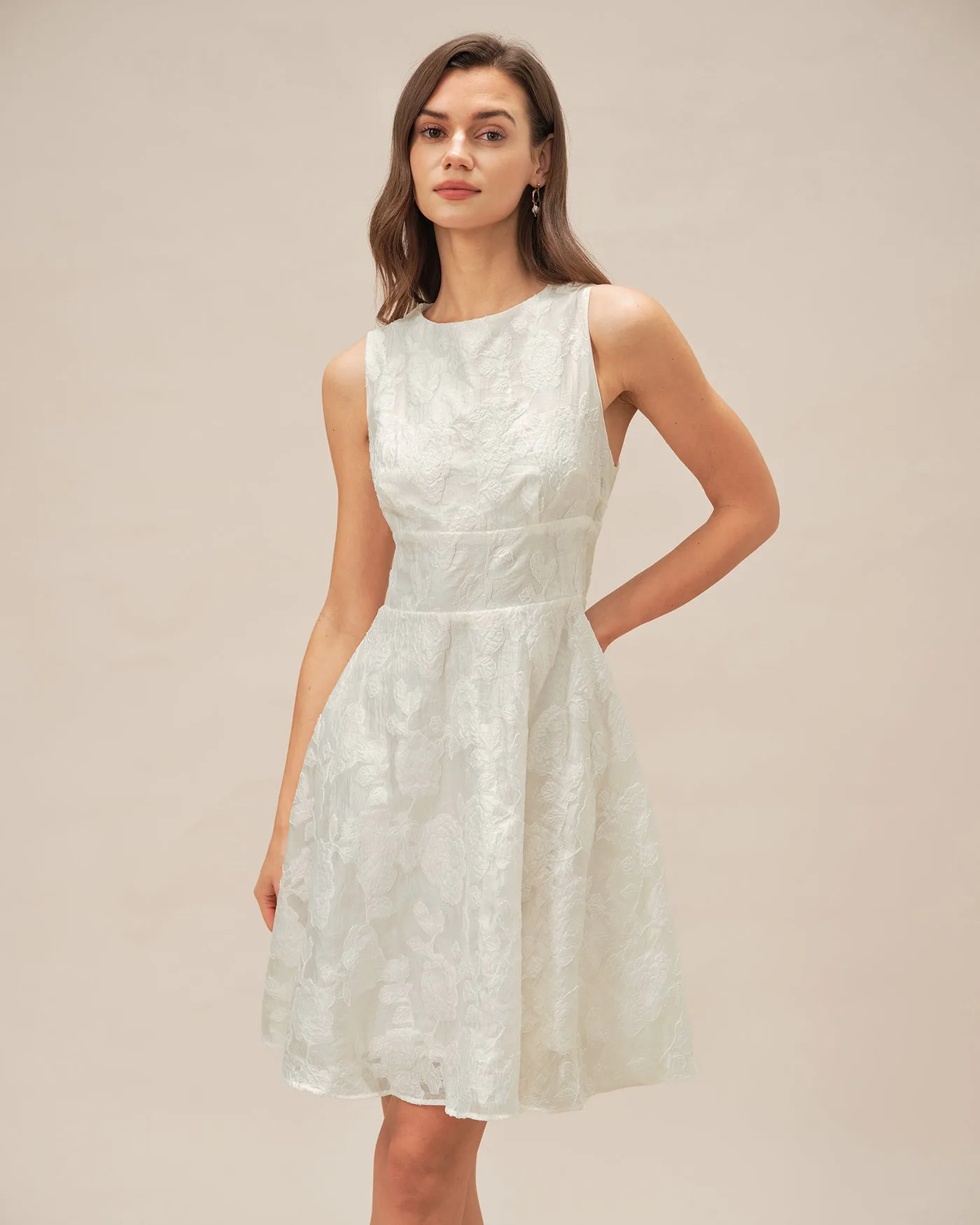 White Round Neck Jacquard Mini Dress sold by rihoas