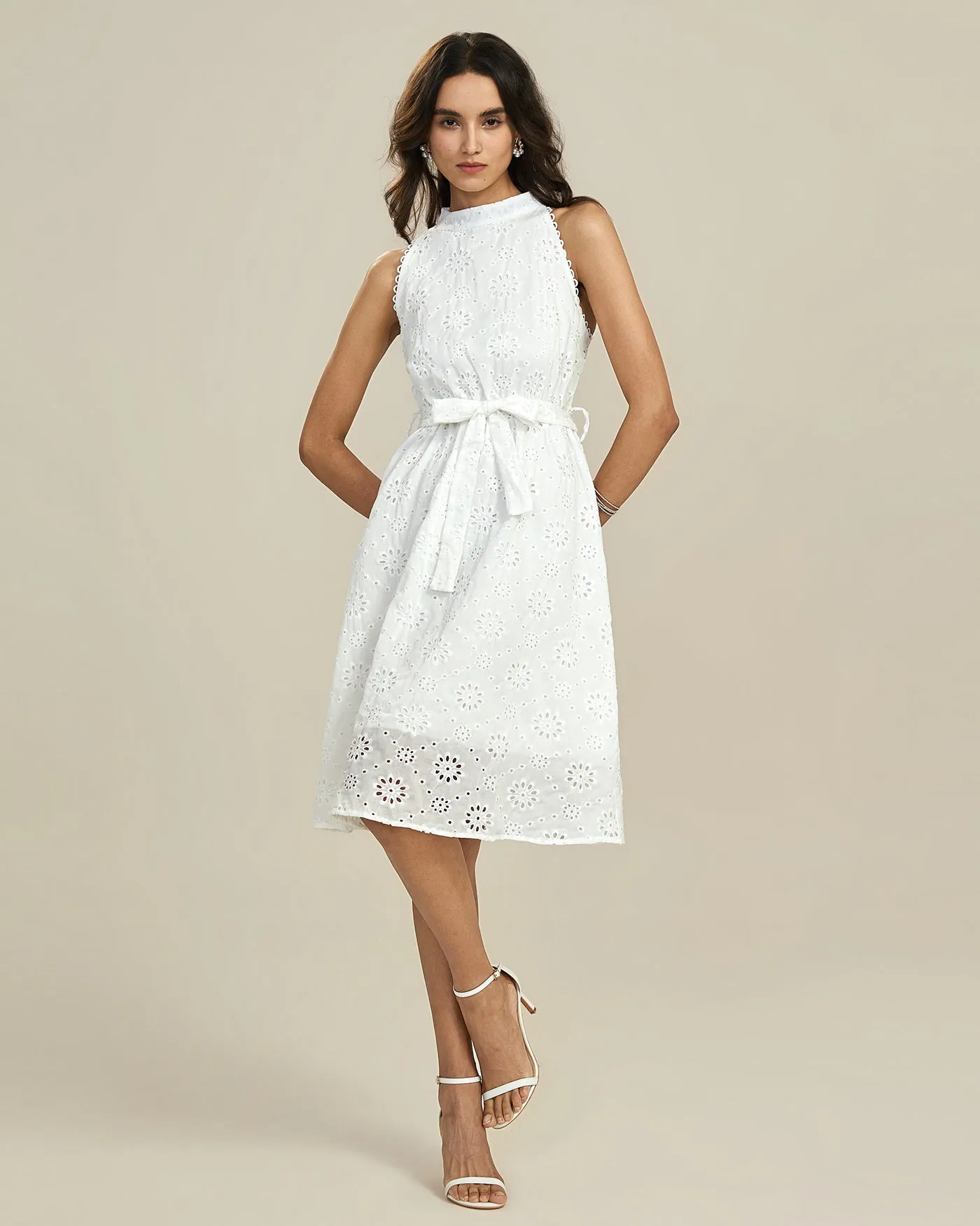 White Floral Textured Midi Dress sold by rihoas product image thumbnail 3