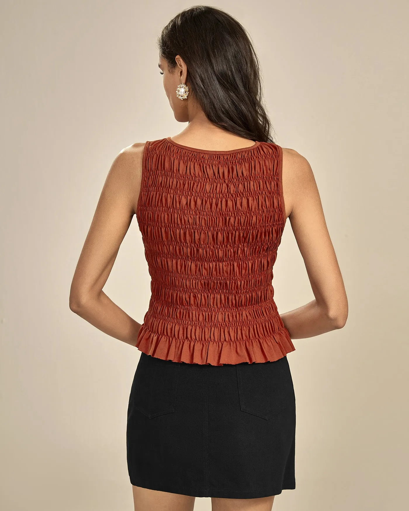 Brick Red Boat Neck Shirred Tank Top sold by rihoas product image thumbnail 5