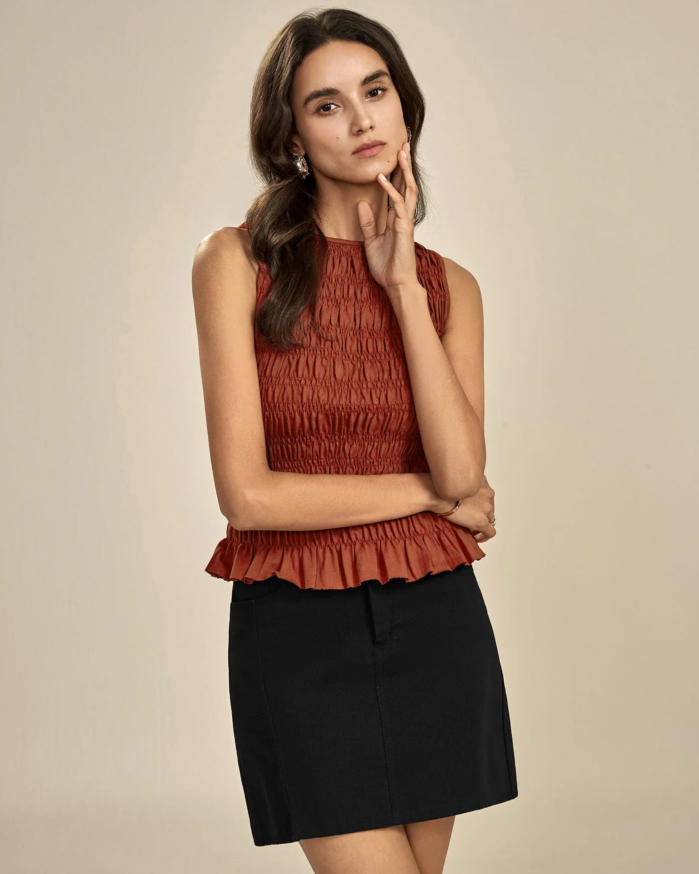 Brick Red Boat Neck Shirred Tank Top sold by rihoas product image thumbnail 4