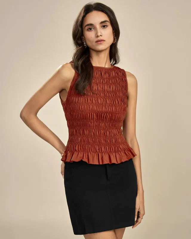 Brick Red Boat Neck Shirred Tank Top sold by rihoas