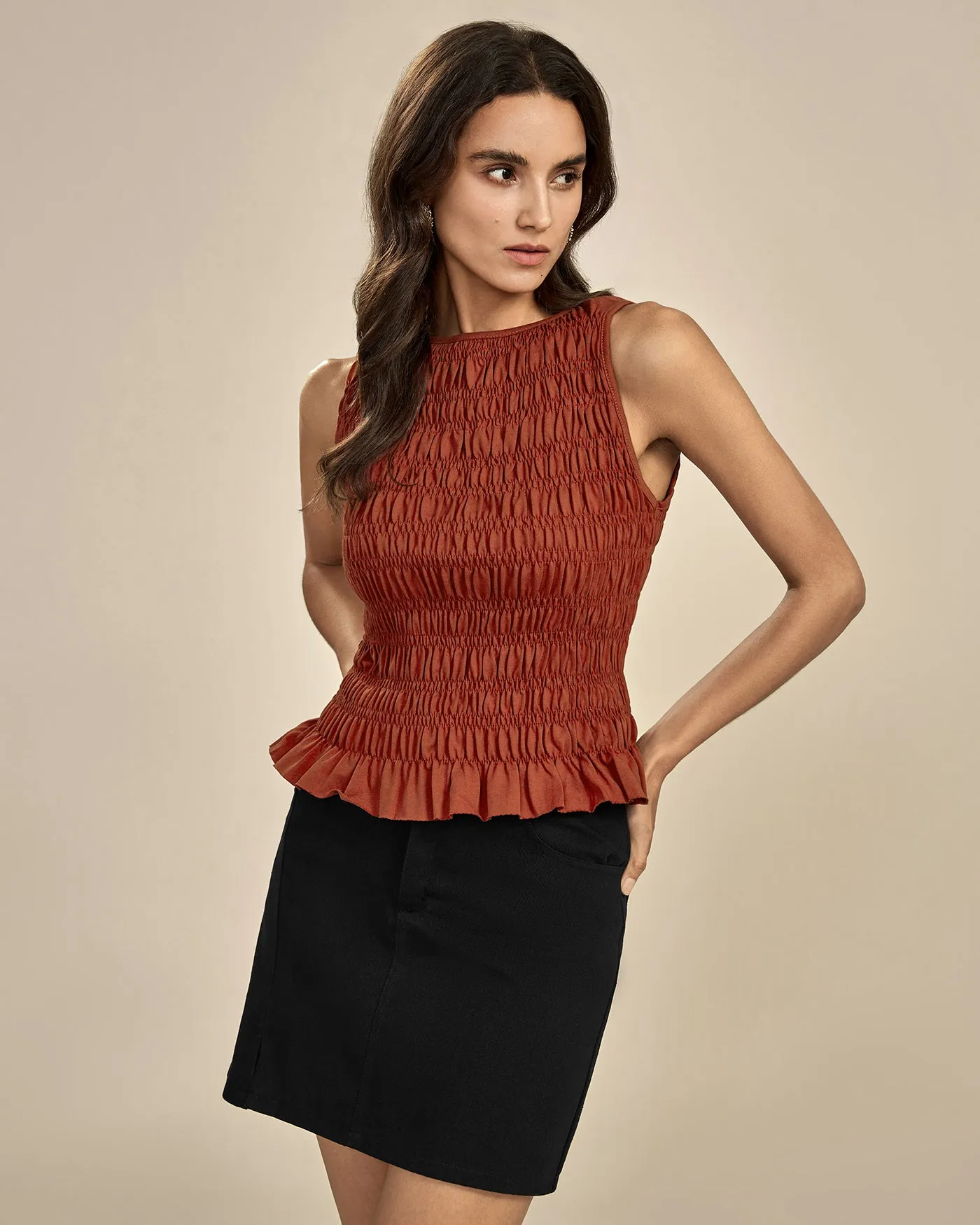 Brick Red Boat Neck Shirred Tank Top sold by rihoas product image thumbnail 3
