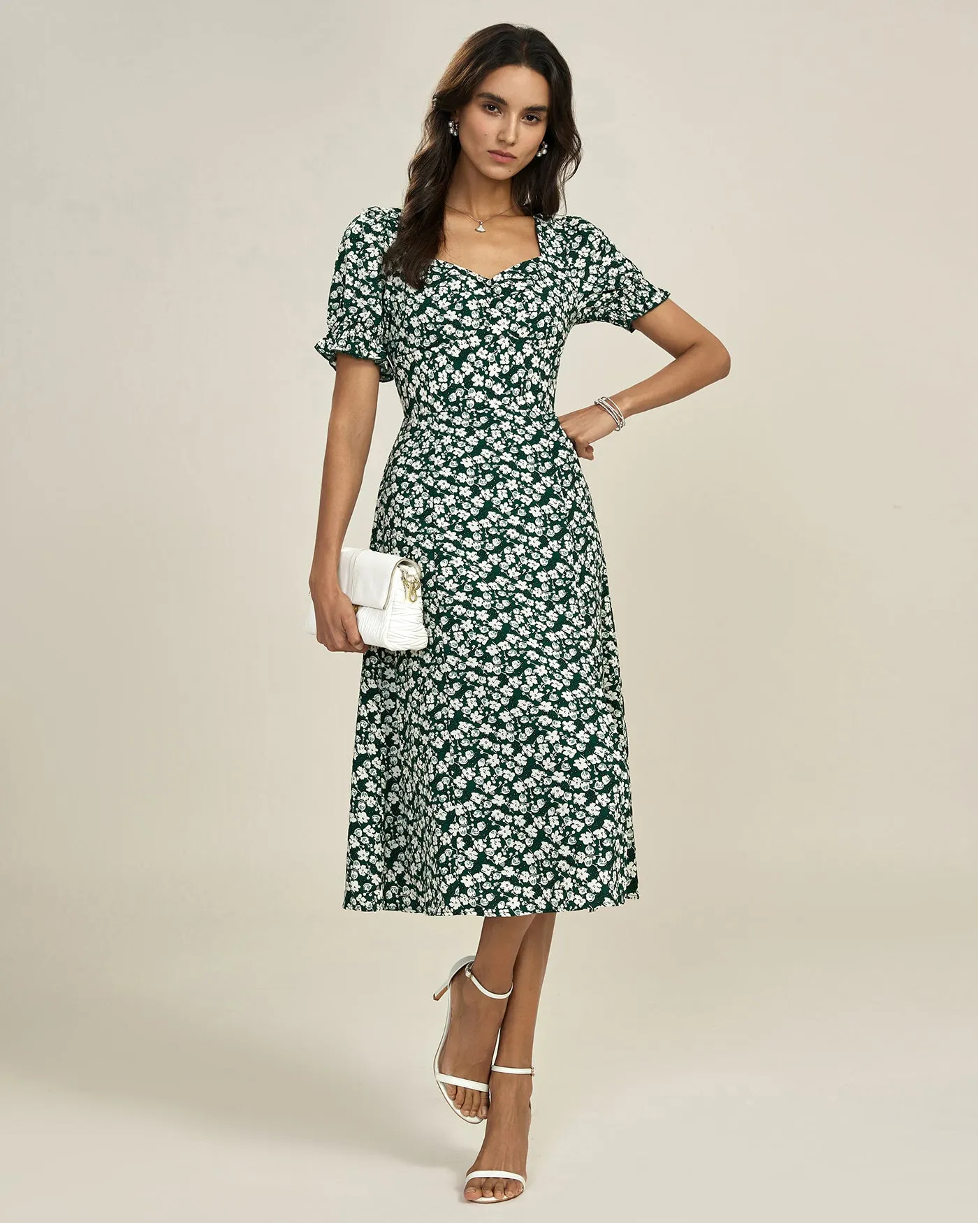 Green Floral V Neck Midi Dress sold by rihoas product image thumbnail 4