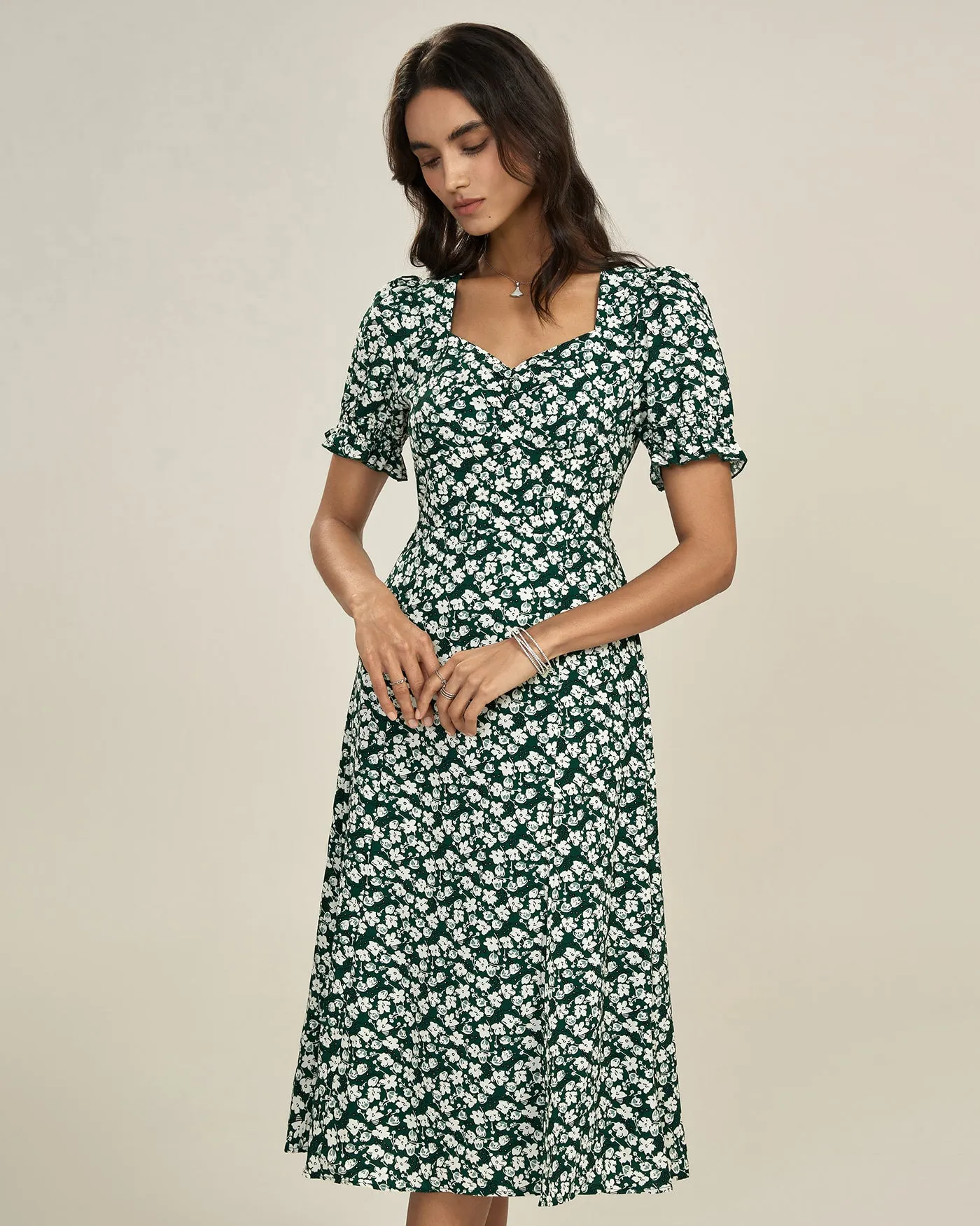 Green Floral V Neck Midi Dress sold by rihoas