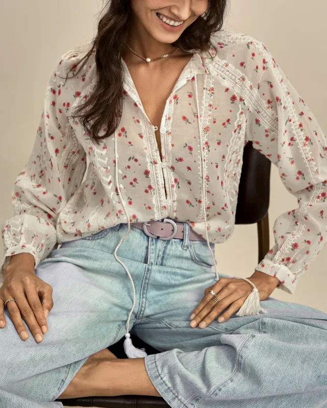 Apricot Floral Bishop Sleeve Shirt sold by rihoas