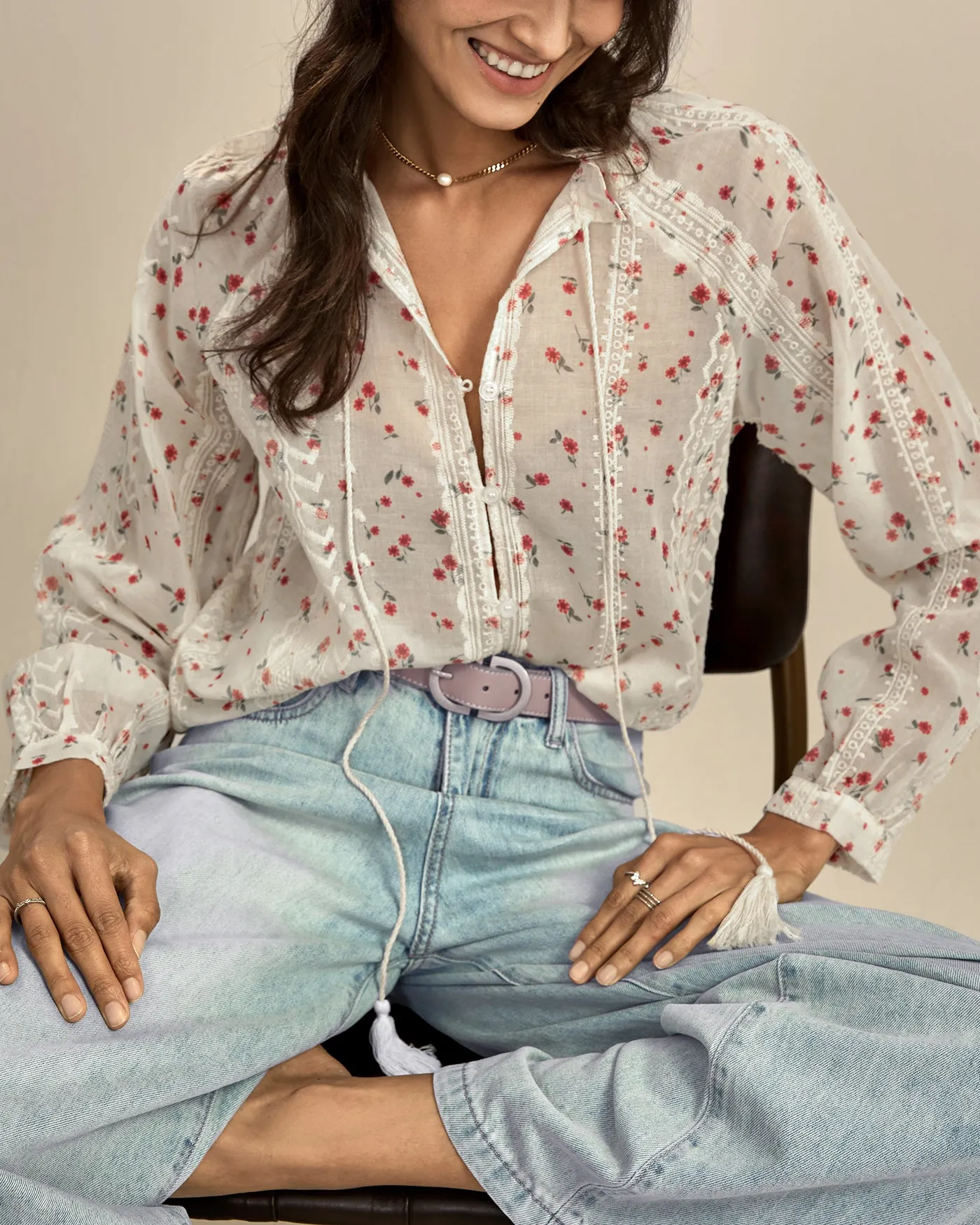 Apricot Floral Bishop Sleeve Shirt sold by rihoas