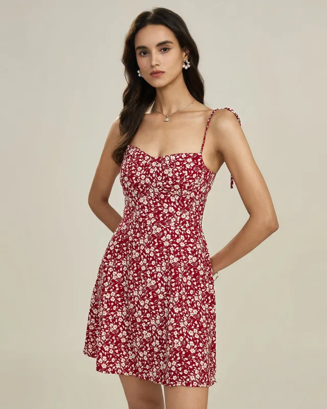 Red Floral Tie Straps Mini Dress sold by rihoas