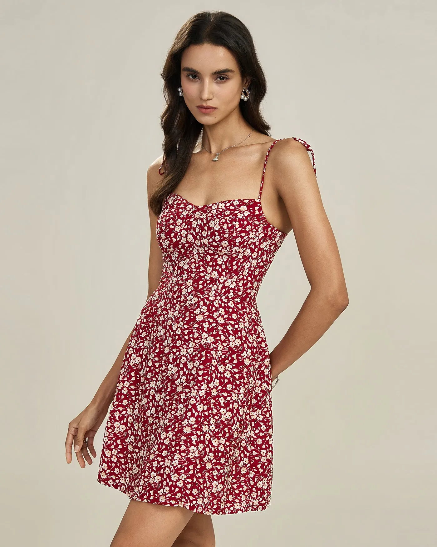 Red Floral Tie Straps Mini Dress sold by rihoas product image thumbnail 3