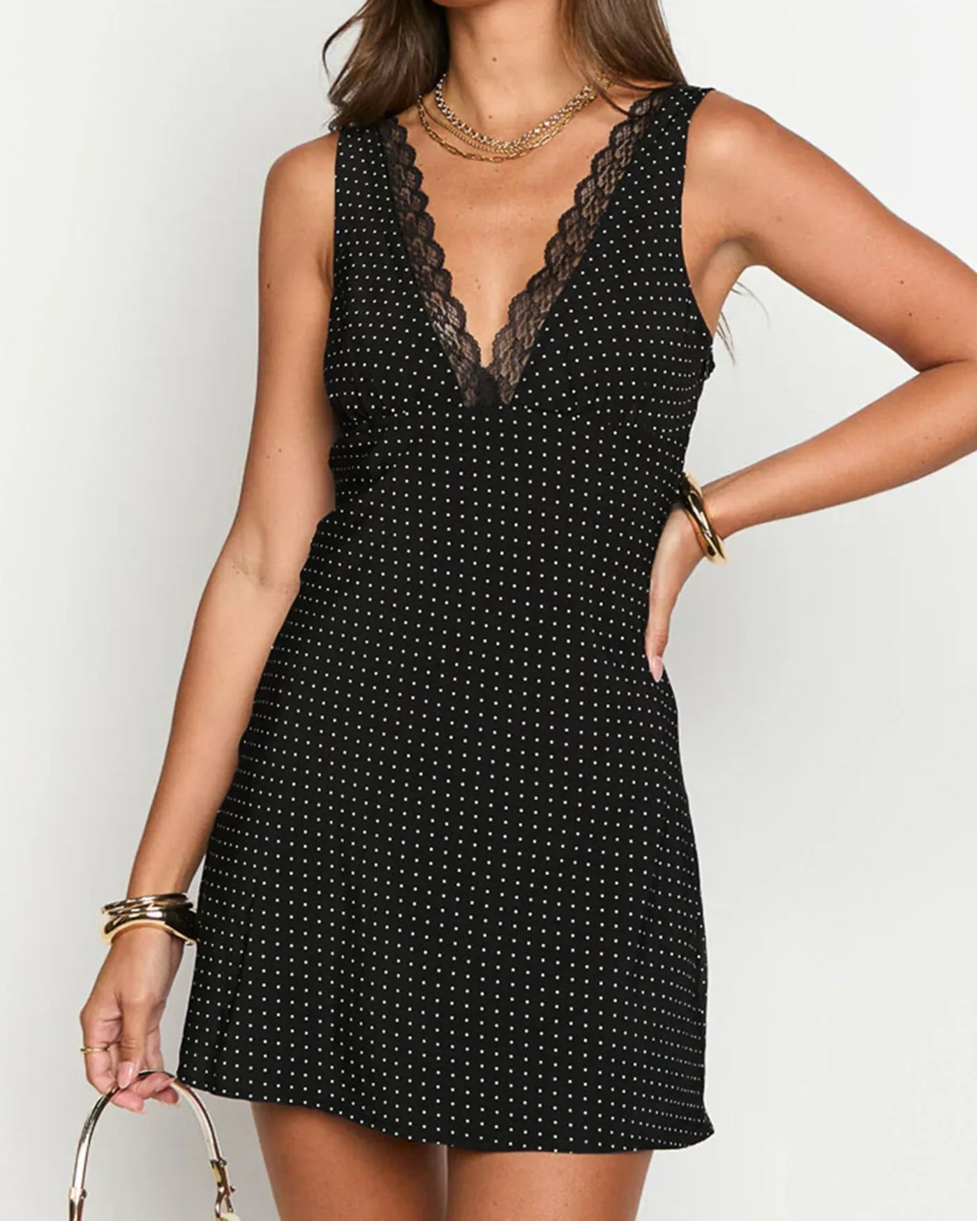 Black V Neck Lace Polka Dot Mini Dress sold by rihoas