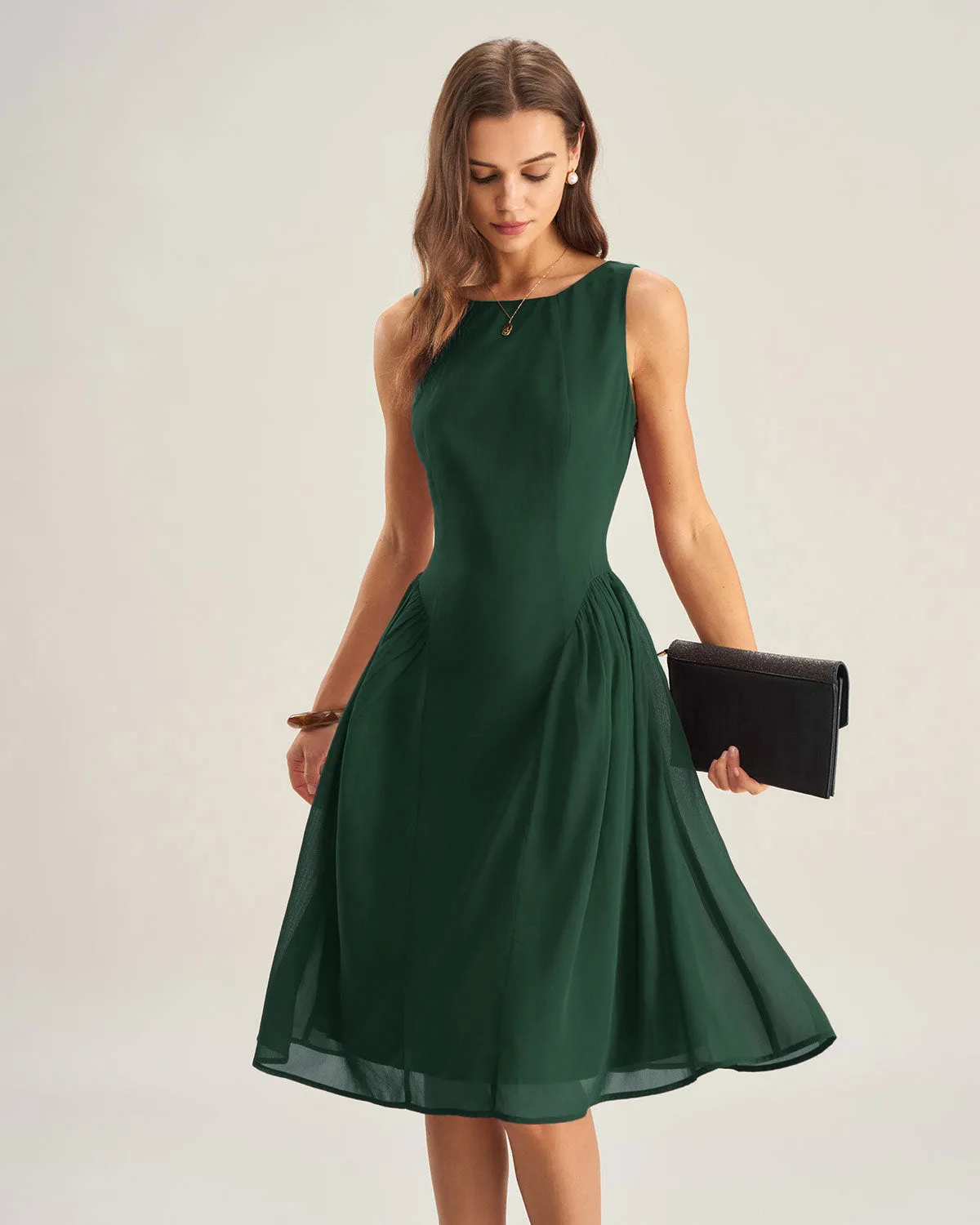 Green Boat Neck Chiffon Midi Dress sold by rihoas product image thumbnail 3
