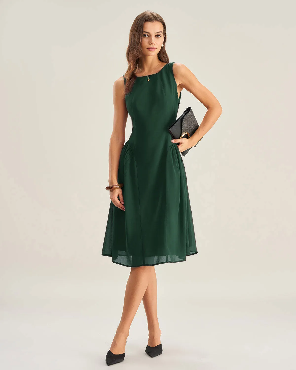 Green Boat Neck Chiffon Midi Dress sold by rihoas