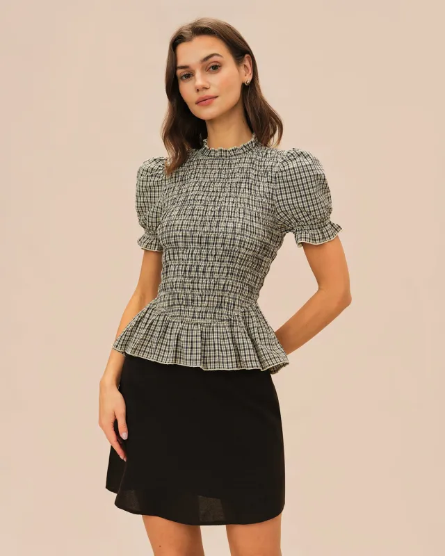 Apricot Lantern Sleeve Shirred Plaid Tee sold by rihoas