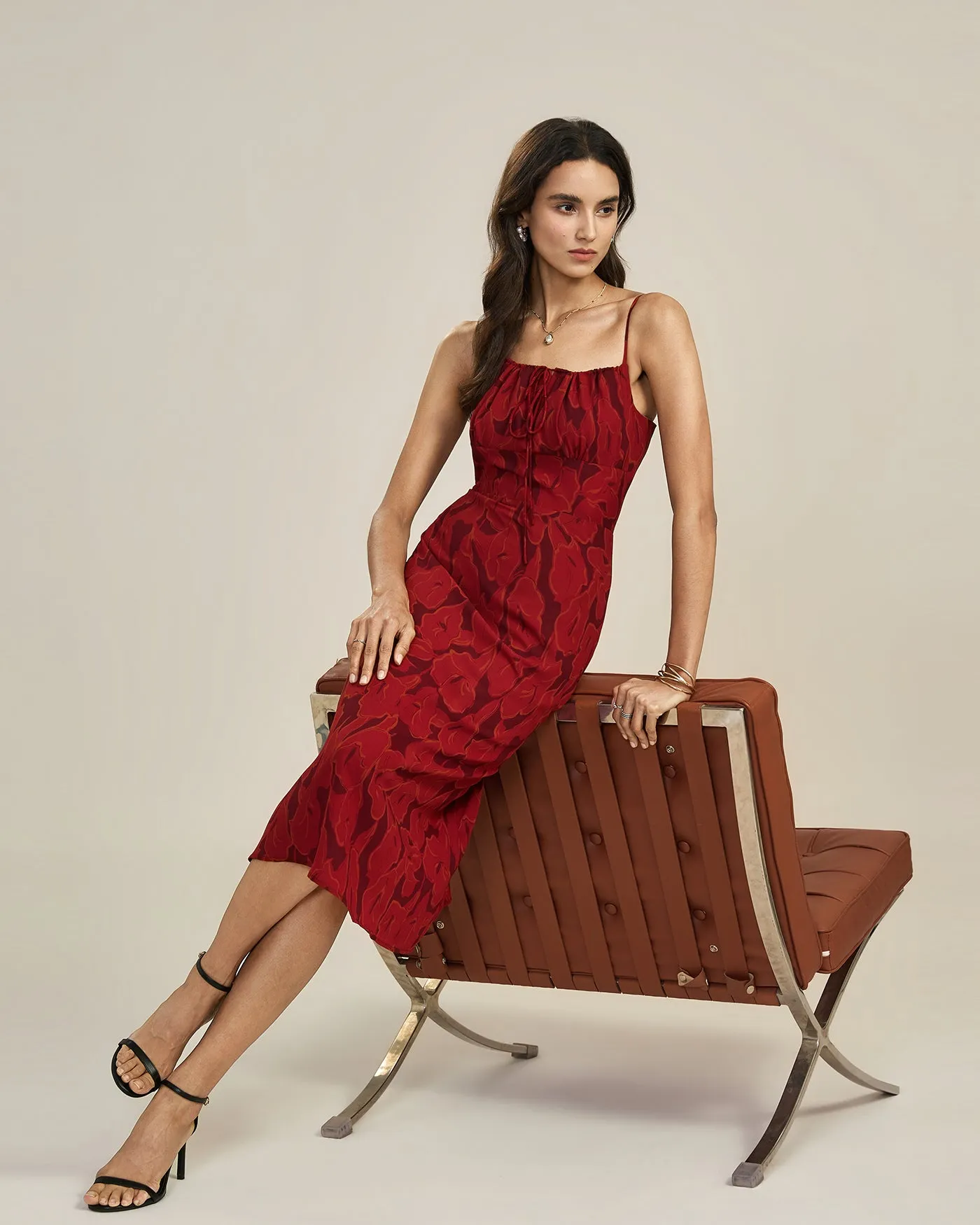 Red Shirred Floral Slip Midi Dress sold by rihoas product image thumbnail 5