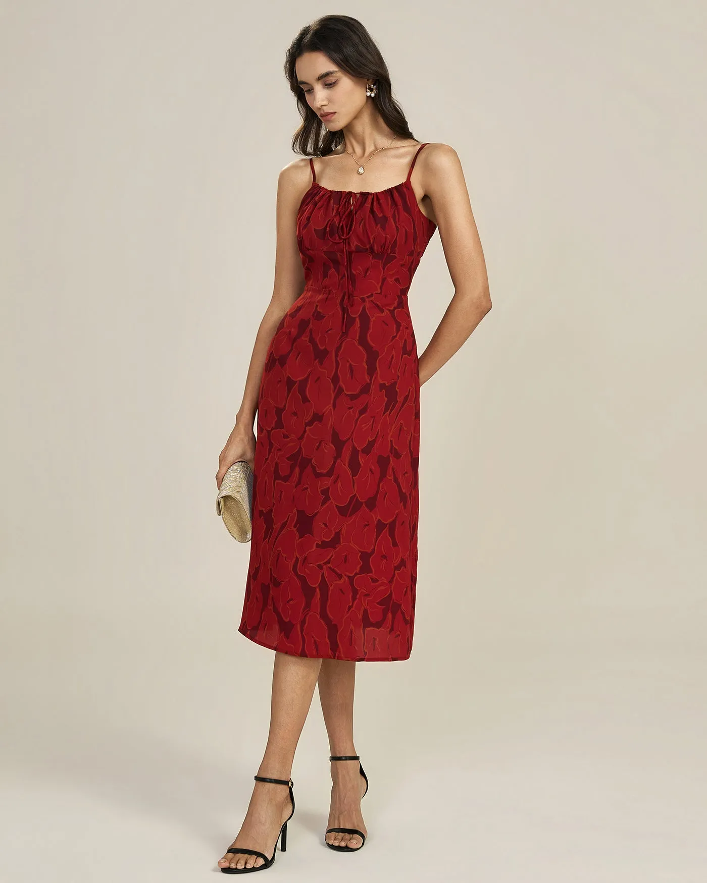 Red Shirred Floral Slip Midi Dress sold by rihoas product image thumbnail 3
